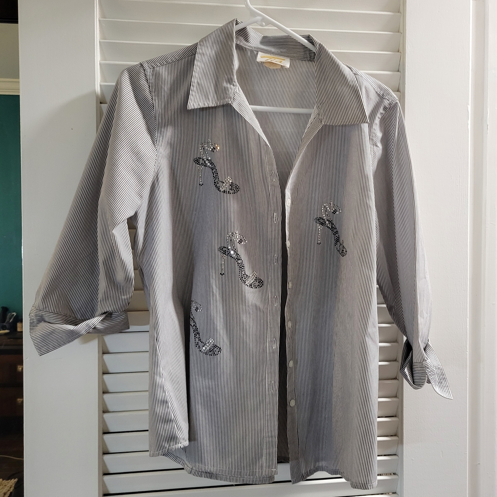 Striped Gray Sequin-Heel Button-Up Camisole Top